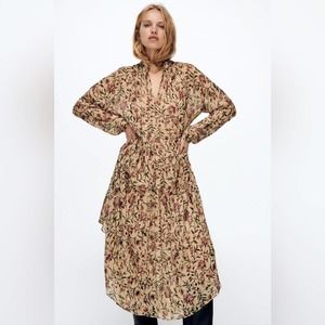 ZARA Floral Printed metallic shimmer midi dress 8779/329 M NEW